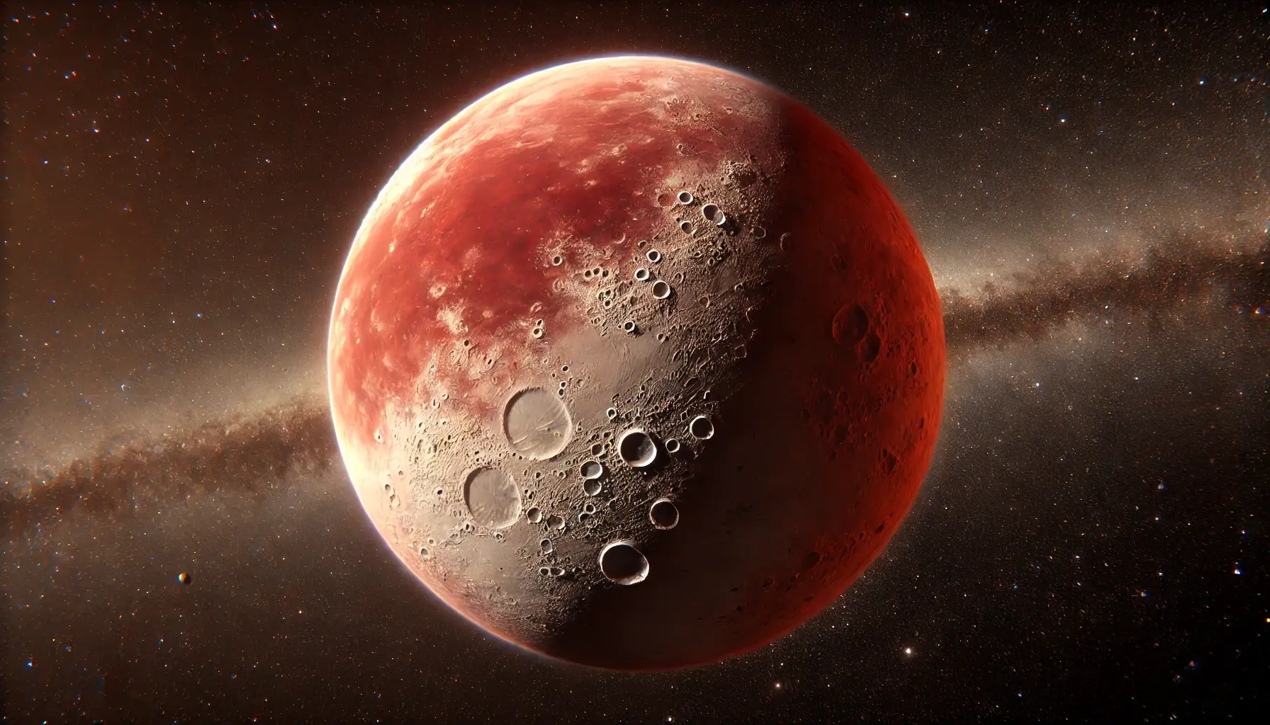 Reddish dwarf planet Gonggong floating in deep space, surrounded by distant stars.