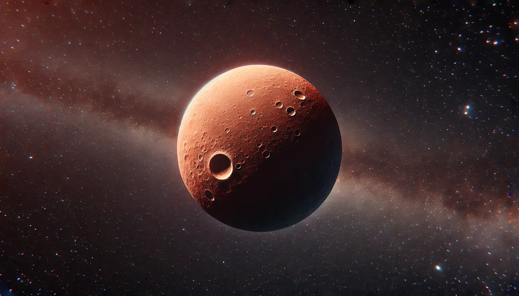 Sedna, a distant dwarf planet, floating in space with a reddish, cratered surface.