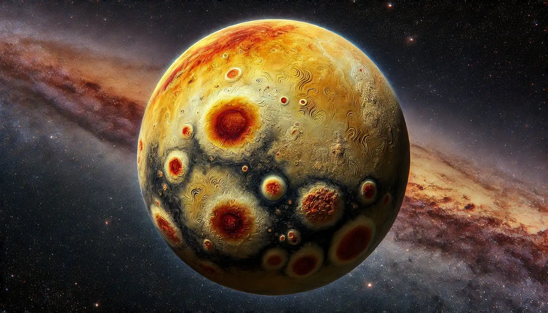 Io, Jupiter’s volcanic moon, with vivid sulfuric terrain, dark lava plains, and active volcanoes.