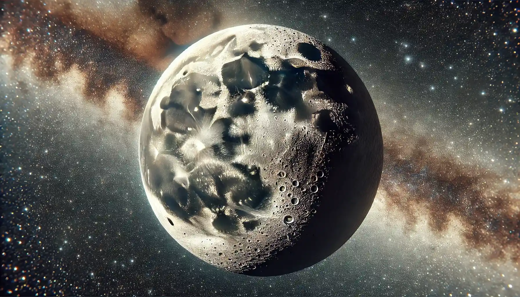 High-resolution image of the Moon in space, showcasing craters, valleys, and cosmic backdrop.