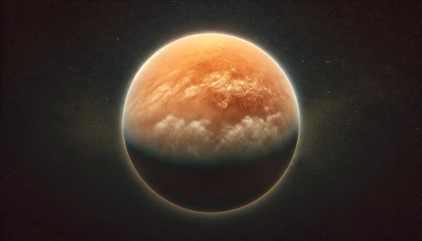 Titan from space, centered with its thick orange atmosphere. Saturn appears in the background.