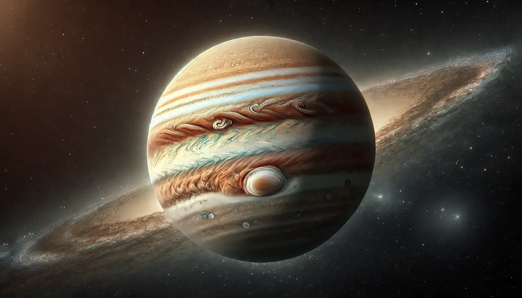 Realistic wide-format image of Jupiter, showcasing its cloud bands and Great Red Spot.