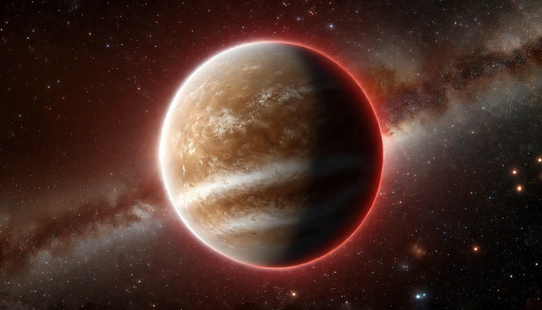 Exoplanet Lacaille 9352 c in deep space with atmospheric details and cosmic backdrop.