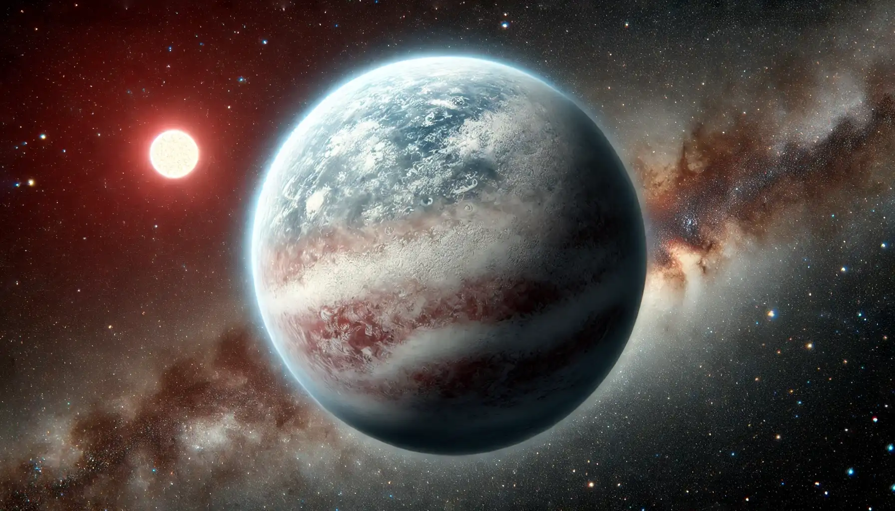 Lalande 21185 b, an exoplanet orbiting a red dwarf, seen from space.