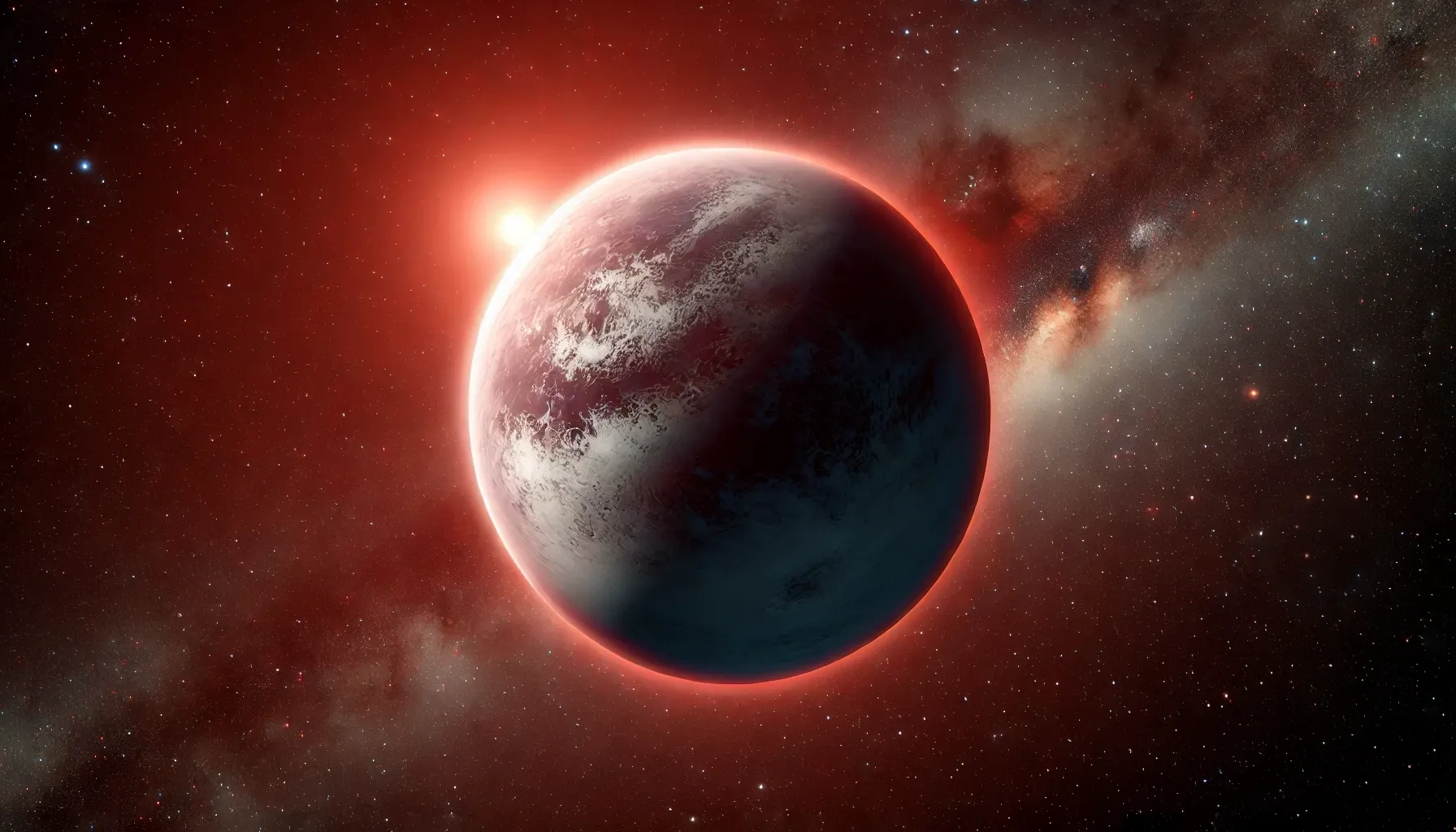 Distant exoplanet Lalande 21185 c with an icy or rocky surface in deep space.