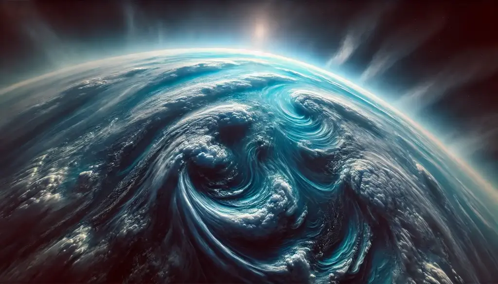 Swirling blue storm clouds in Neptune’s upper atmosphere with sunlight diffusing through gases.