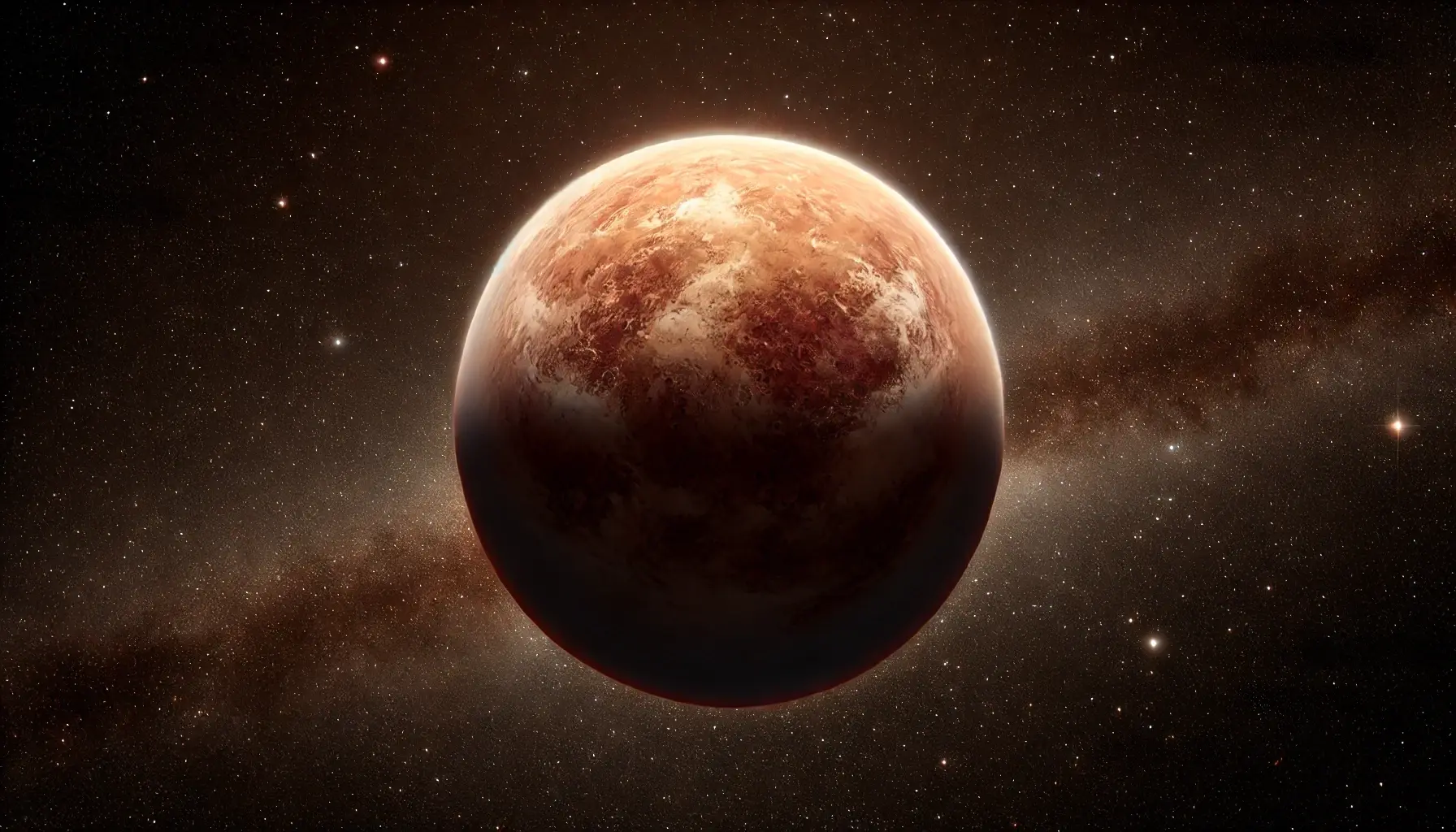 Ross 128 b, a rocky exoplanet, centered against a deep black space with distant stars.