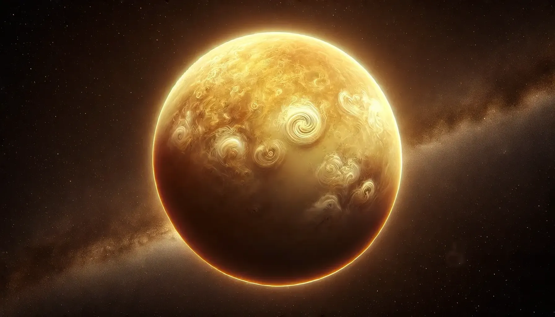 Realistic rendering of Venus in space, showcasing thick swirling clouds and atmospheric glow.