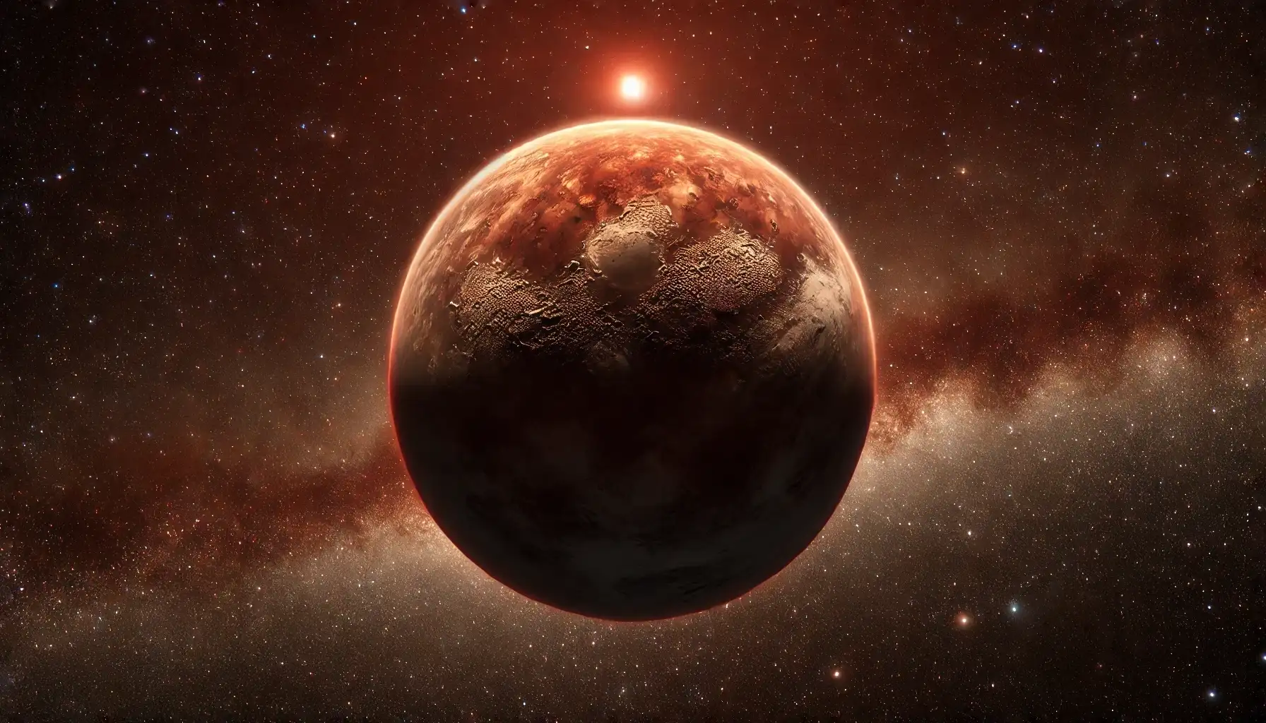 A molten, rocky exoplanet orbiting the red dwarf star Wolf 359, set against deep space.