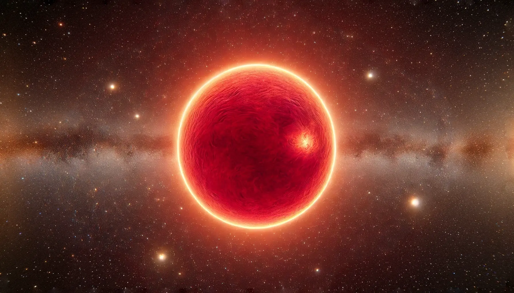 Bright red dwarf star Ross 128 glowing in space, surrounded by distant cosmic dust and stars.