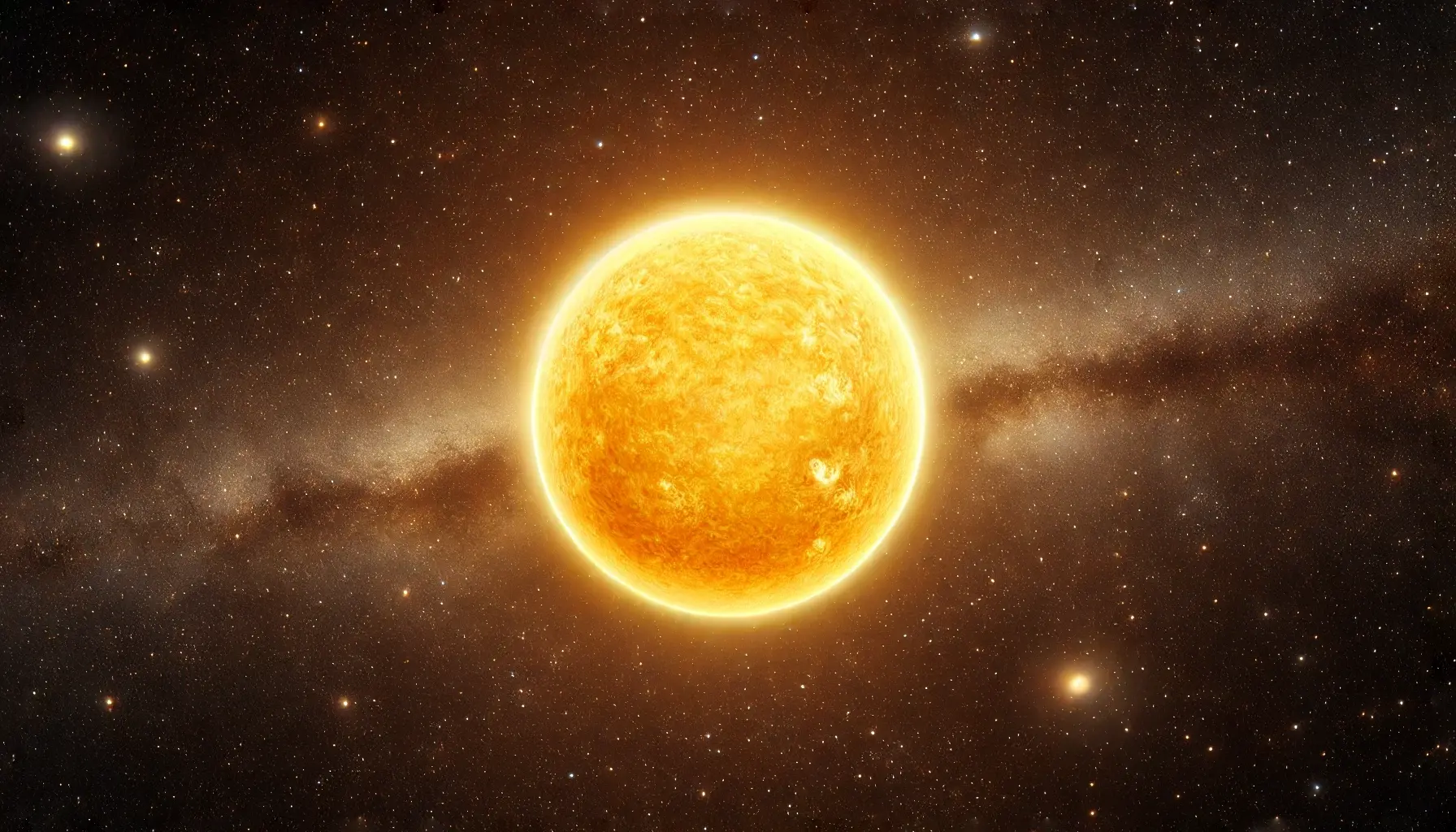 Glowing yellow-orange Tau Ceti star centered in deep space with cosmic dust and distant stars.