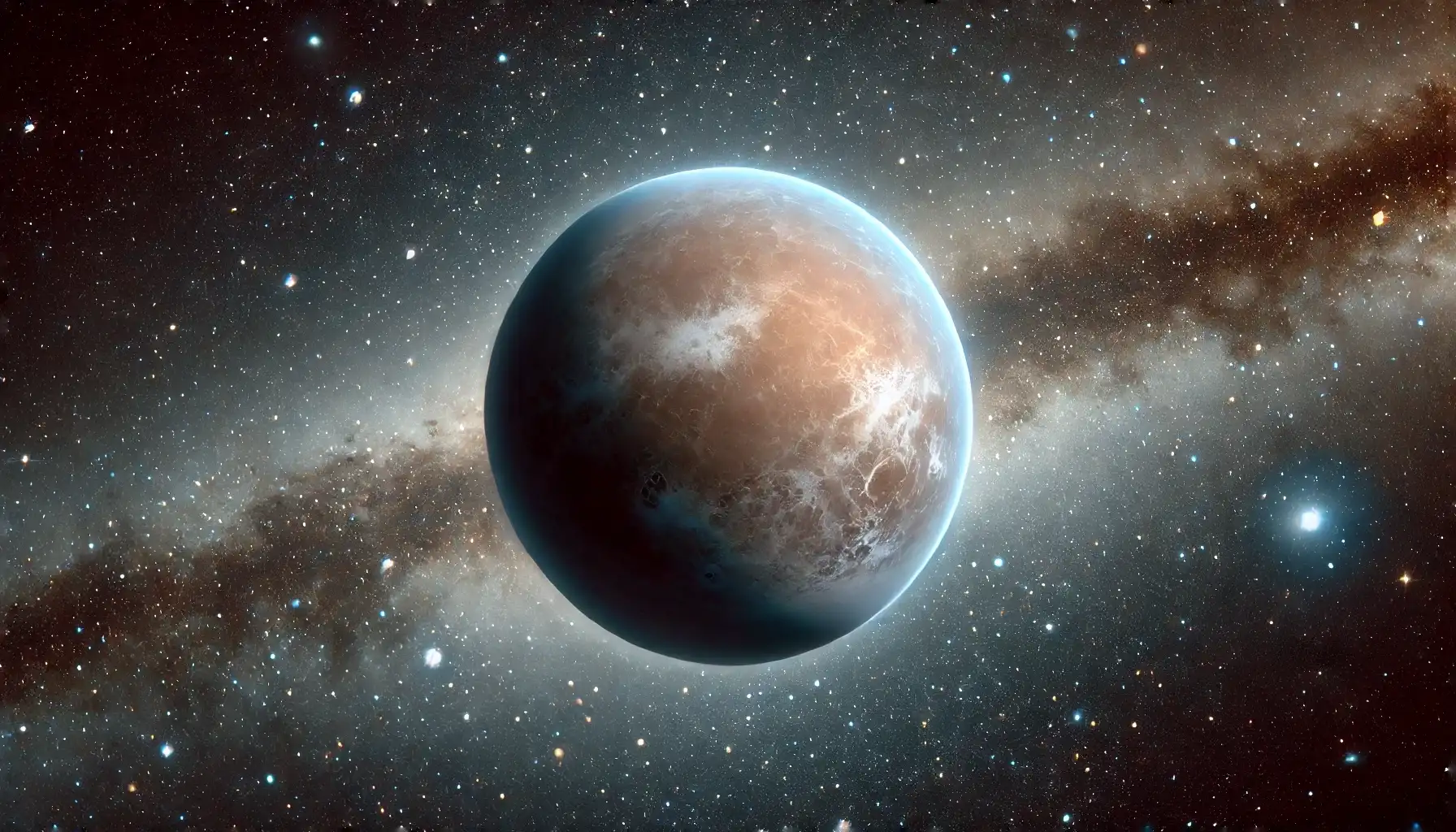 A dim brown dwarf, WISE 0855−0714, with a bluish-gray atmosphere, set against deep space.