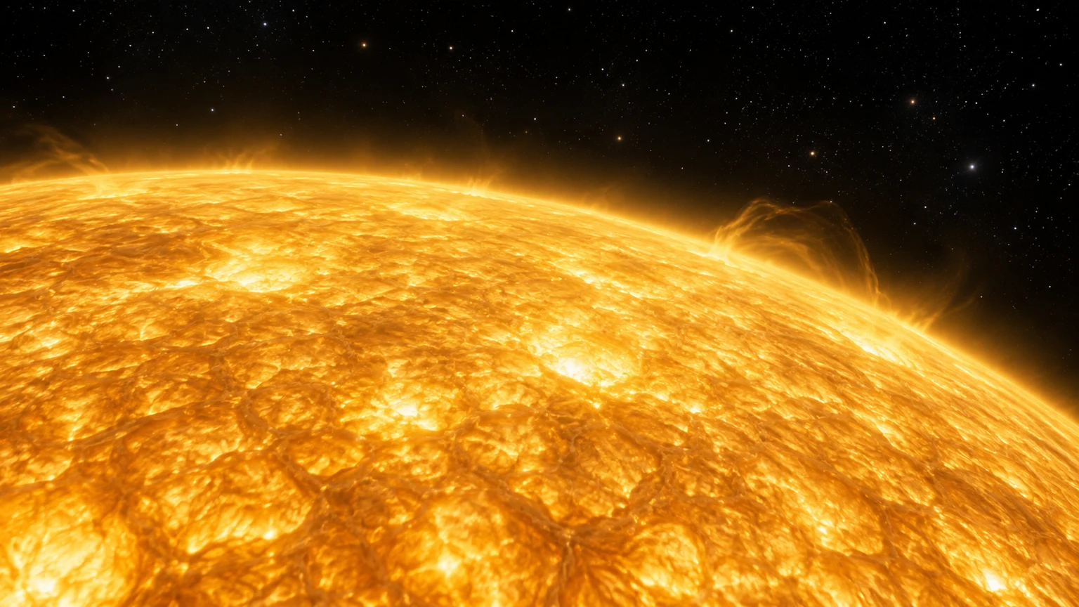 An imagined oblique view of a G-type photosphere. The convection pattern and warm filtered colors are illustrative, not a resolved map of 51 Pegasi.