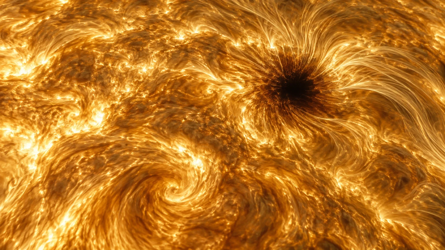 A hypothetical magnetic patch in luminous gas. Its shape and location are invented; a starspot is neither a crater nor solid ground.