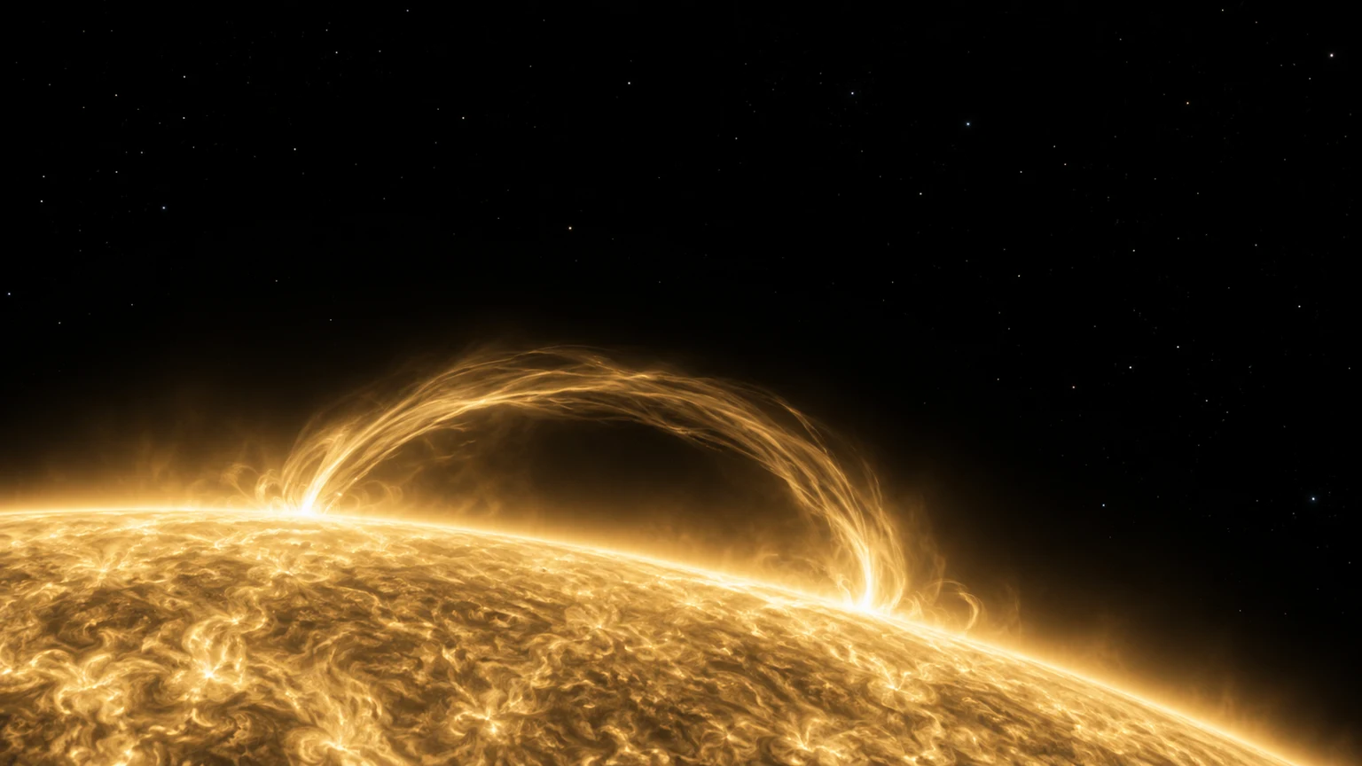 A fictional plasma arch above the stellar limb. It illustrates magnetic structure without reconstructing a measured eruption.