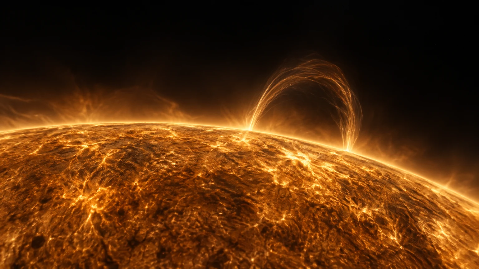 An invented magnetic plasma loop above the star’s edge. It is a gas structure, not a solid arch or a reconstruction of a recorded flare.