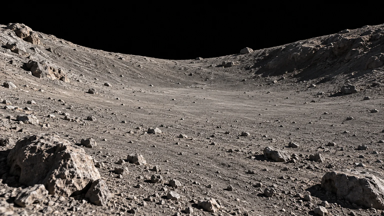 A reconstruction of Adrastea’s unresolved local surface. Dust deposits, shallow depressions and individual pebbles are imagined.