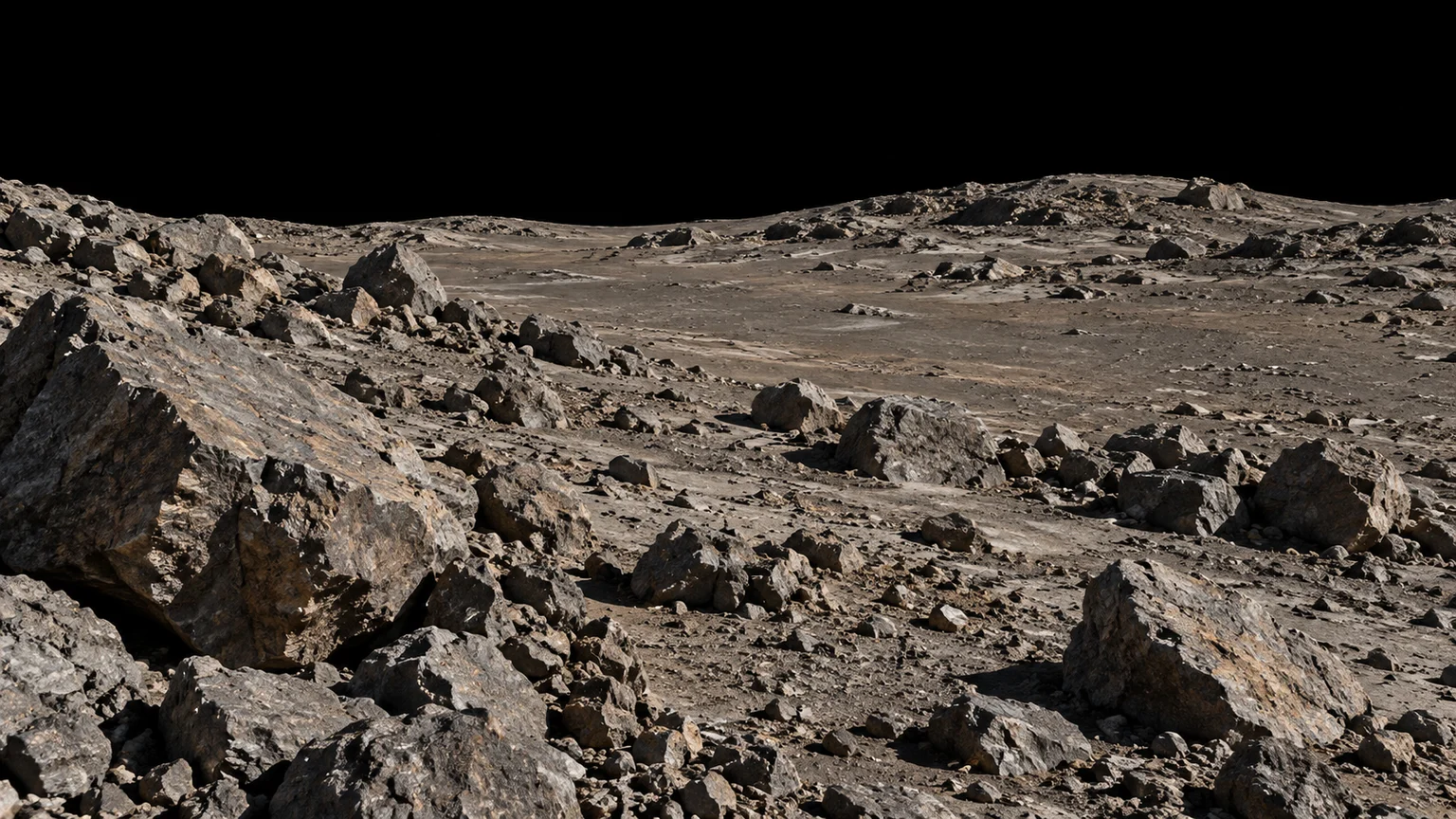 An artistic landscape on Adrastea. The horizon, fragments and local relief are not mapped spacecraft features.