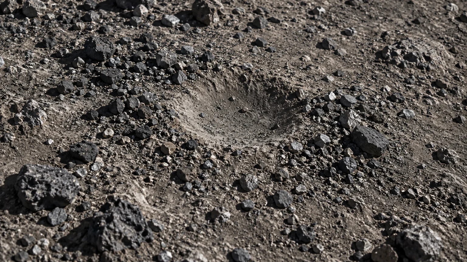 A tiny shallow impact pit surrounded by dark pebble-sized fragments. An artistic reconstruction of Adrastea; local detail, lighting and viewpoint are imagined.