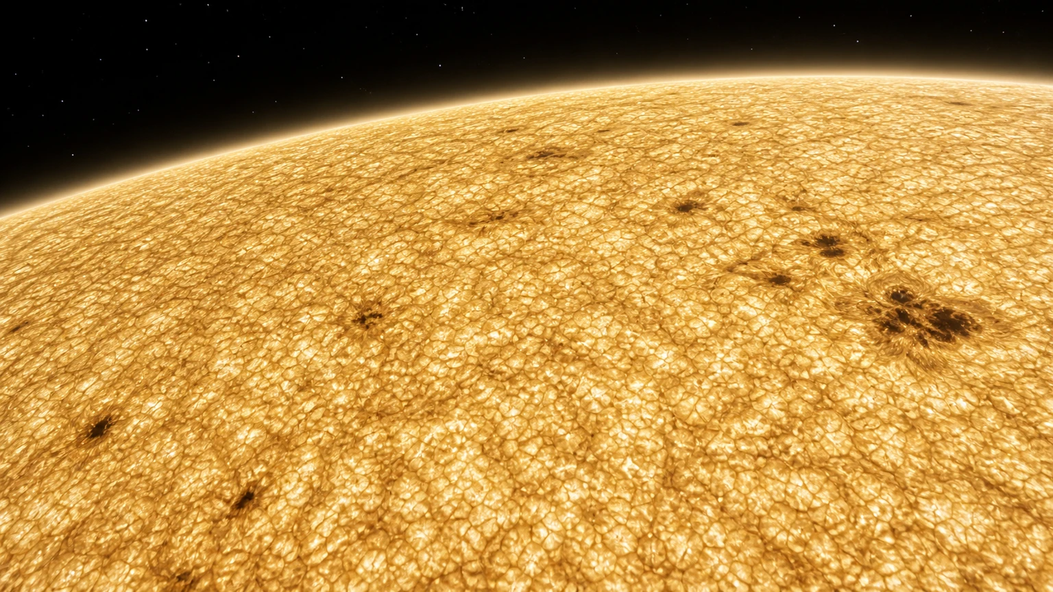 An imagined view above Alpha Centauri A’s light-emitting layers. Granules and magnetic spots are inferred from solar physics, not mapped on this star. Color and exposure are illustrative.