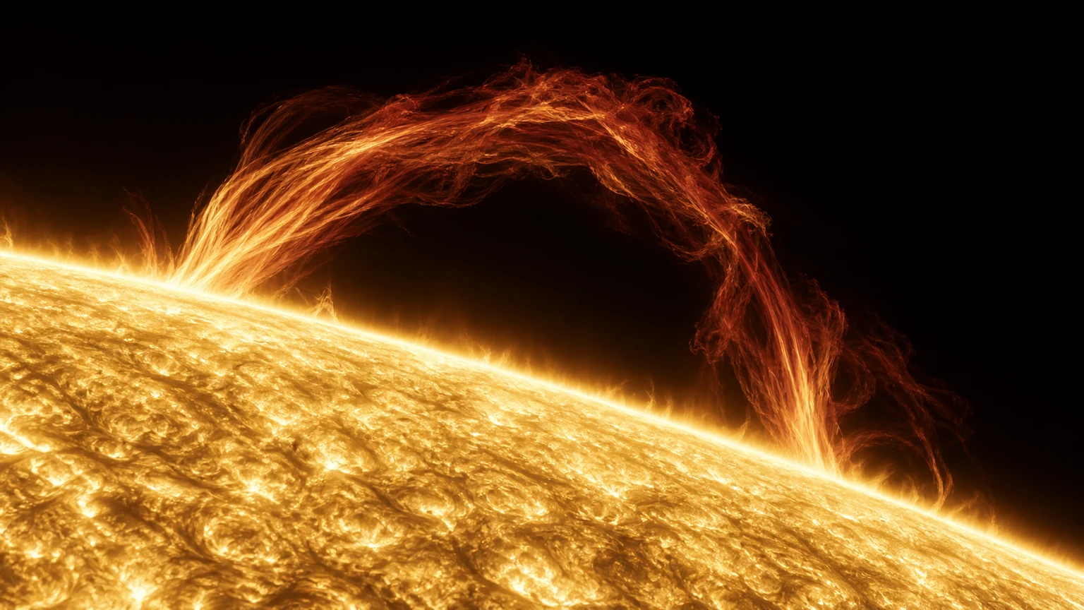 An imagined prominence beyond the stellar limb, inspired by solar observations. The specific arch is fictional; warm filtered colors reveal the plasma structure, rather than naked-eye appearance.