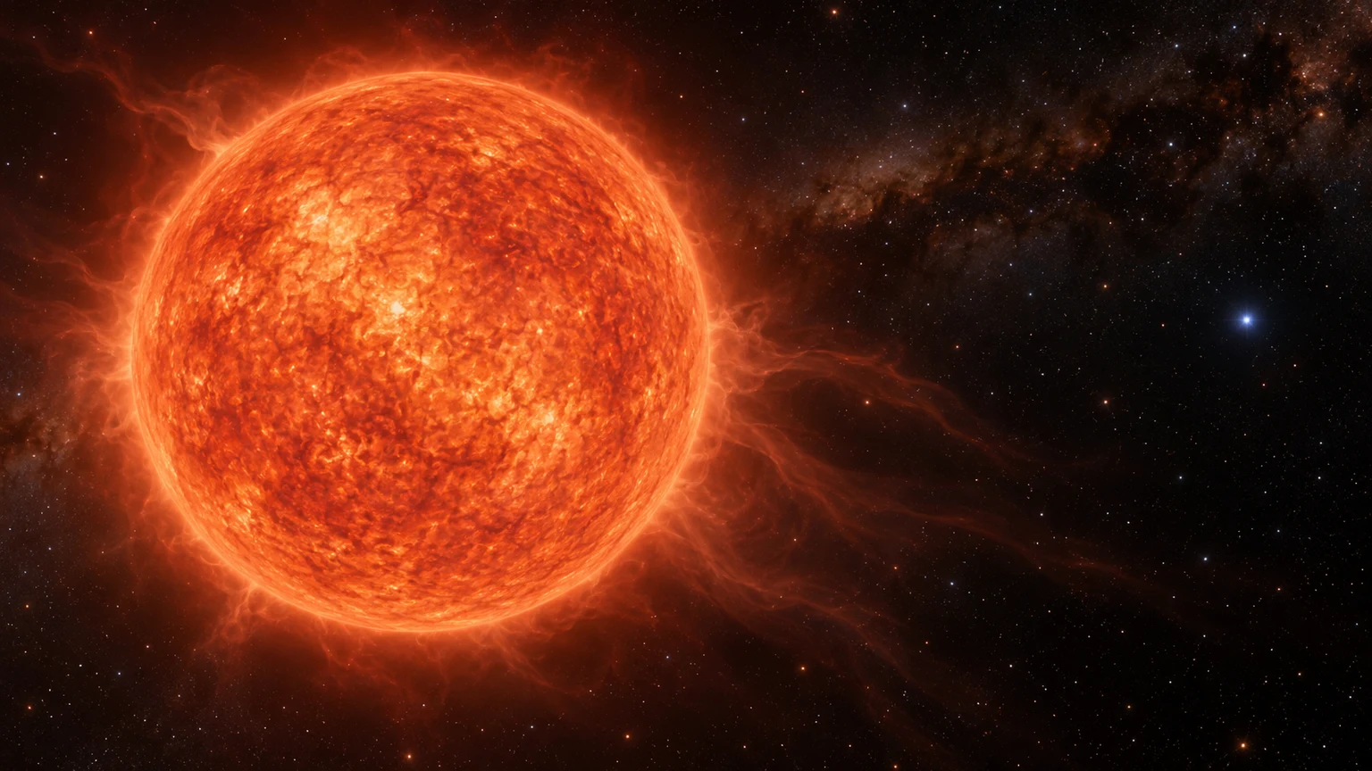 Artist’s impression of Antares A and its small blue companion B. Separation, exposure and relative apparent sizes are illustrative.