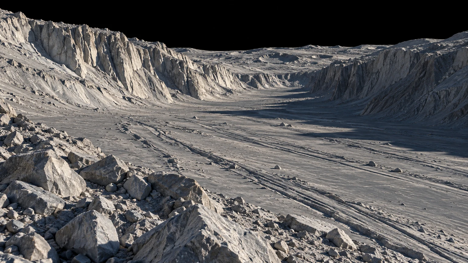 An artist’s reconstruction inspired by Ariel’s fault-bounded valleys. The cliffs, grooved floor and ground-level viewpoint are imagined rather than an exact mapped site.