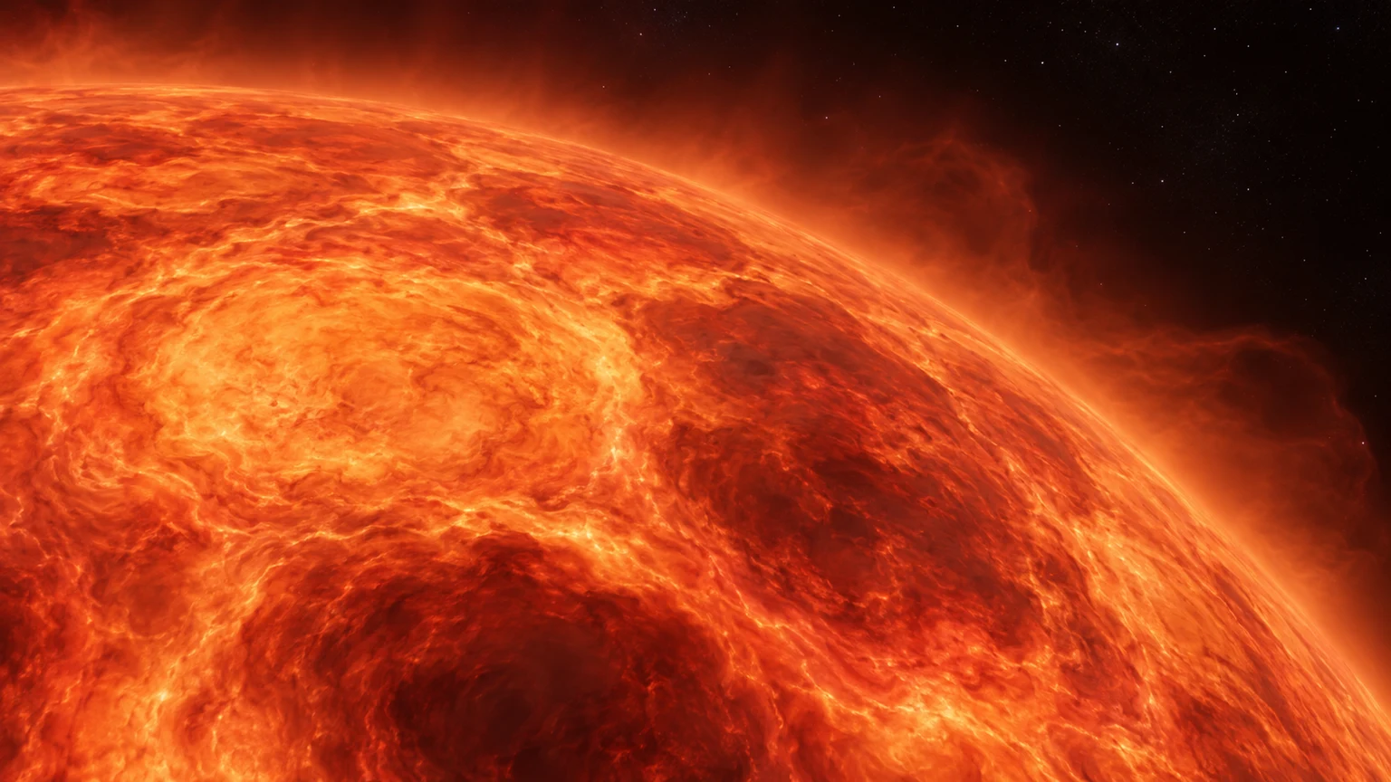 A reconstruction of giant convection structures in Betelgeuse’s gaseous photosphere. The particular cells and colors are invented; the horizon is not solid ground.