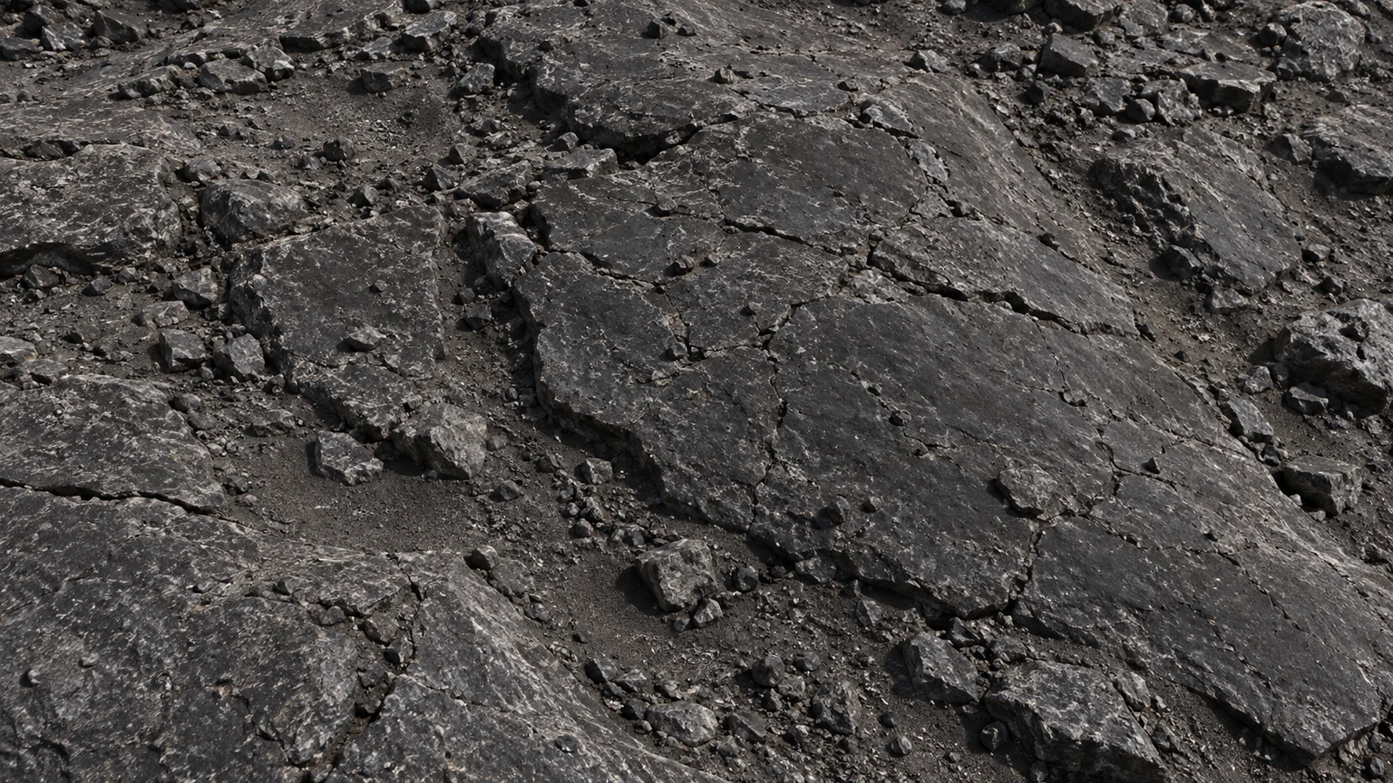 A broad cracked dark slab with fine dusty pockets between its parts. An artistic reconstruction of Despina; local detail, lighting and viewpoint are imagined.