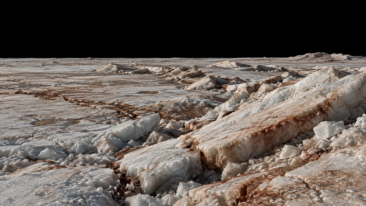 An imagined chaos-terrain scene of disrupted ice slabs. It does not reveal the buried ocean or claim a photographed surface viewpoint.