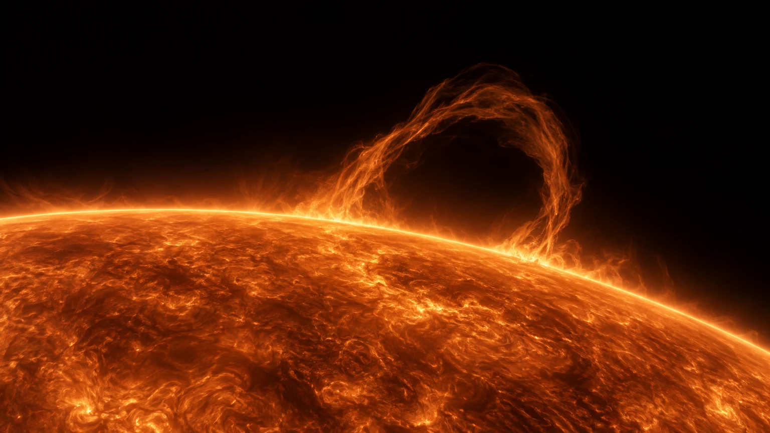 An imagined prominence above the stellar limb. Its shape and brightness do not reconstruct an observed flare; filtered colors reveal a possible plasma structure.