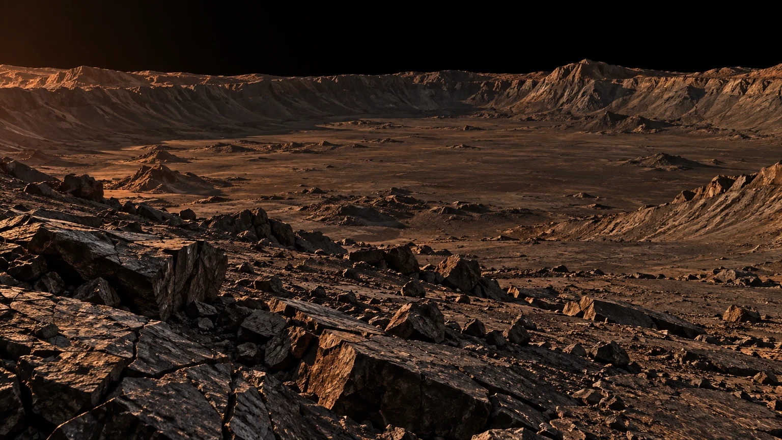 A hypothetical airless basin with regolith and distant crater walls. Terrain, mineral colors and the absence of air are artistic assumptions; no such landscape has been observed.