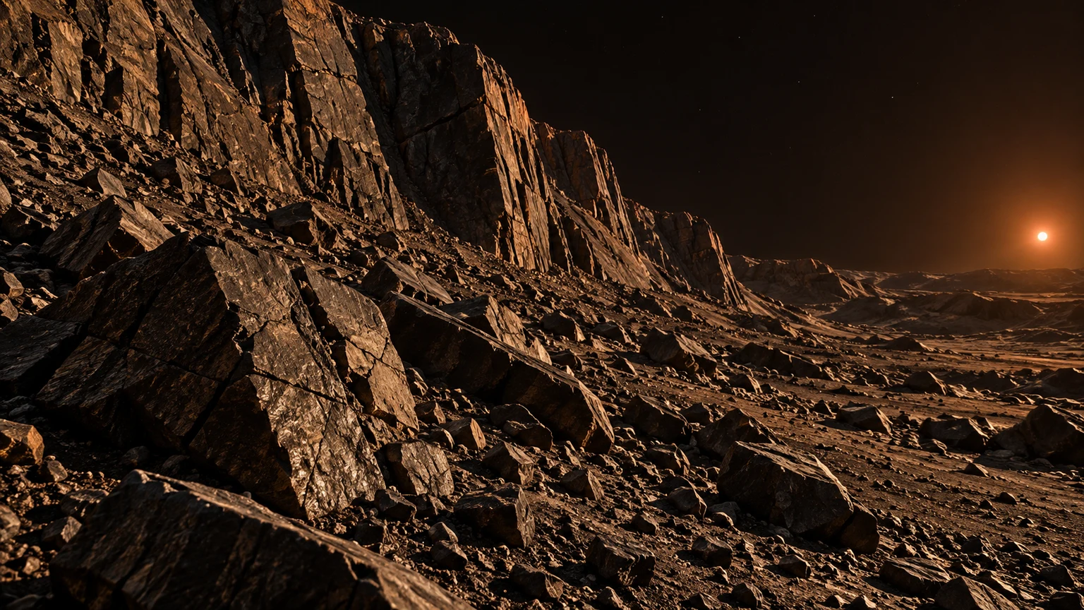 An imagined fractured cliff and fallen blocks under sharp starlight. These rocks do not establish the planet’s geology, atmosphere or surface conditions.