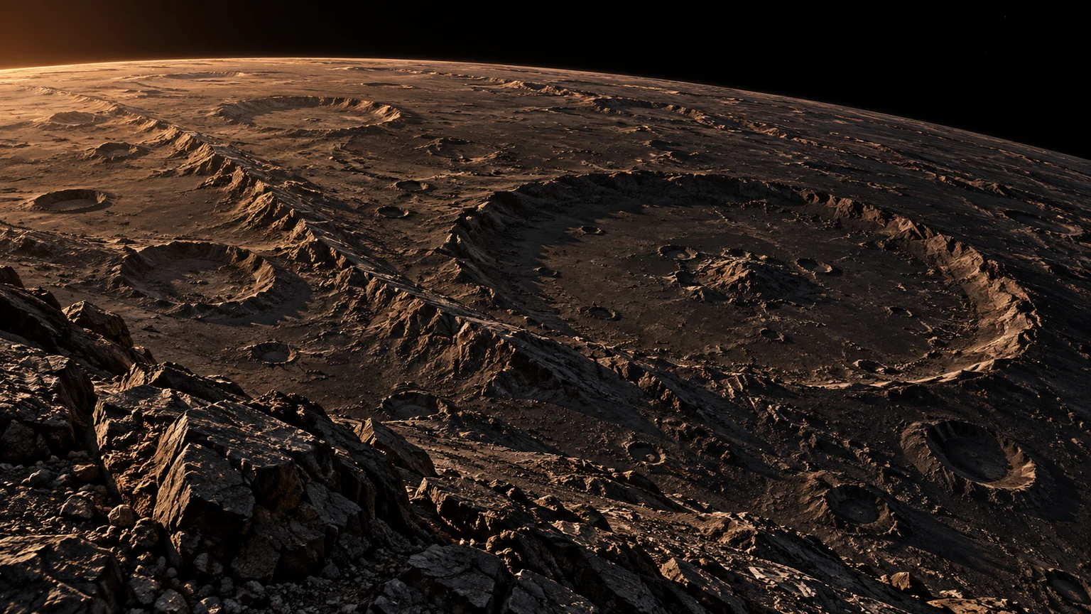 A hypothetical orbital view across overlapping craters and ridges. The curved horizon is an artist’s reconstruction, not a measured radius or terrain map.