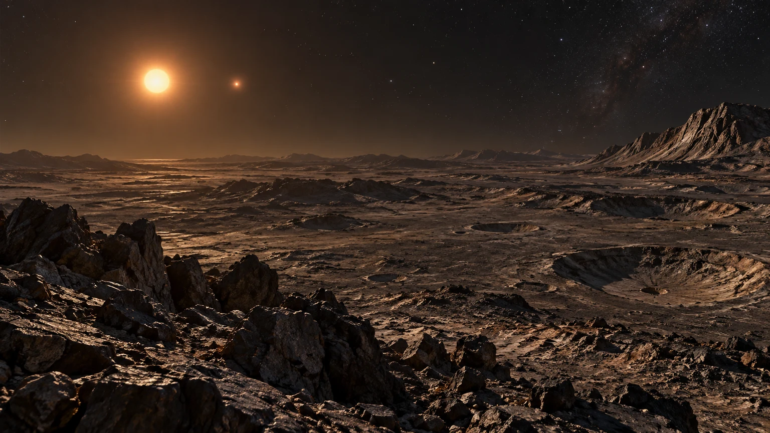 A hypothetical rocky landscape. Terrain, mineral colors and the absence of air are artistic assumptions, not observed conditions.