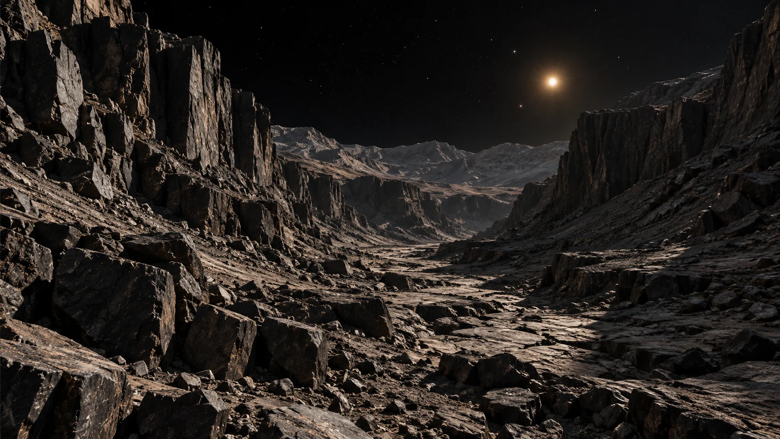 A hypothetical rocky landscape. Terrain, mineral colors and the absence of air are artistic assumptions, not observed conditions.