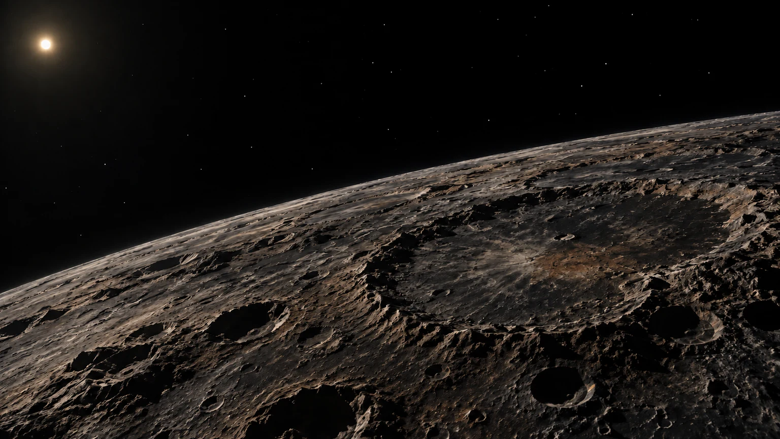 A hypothetical rocky landscape. Terrain, mineral colors and the absence of air are artistic assumptions, not observed conditions.