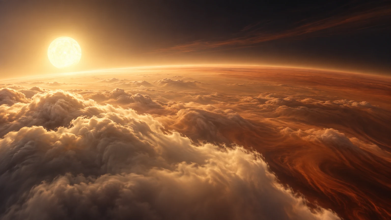 An imagined atmospheric view with no solid ground. These specific cloud banks have not been observed.