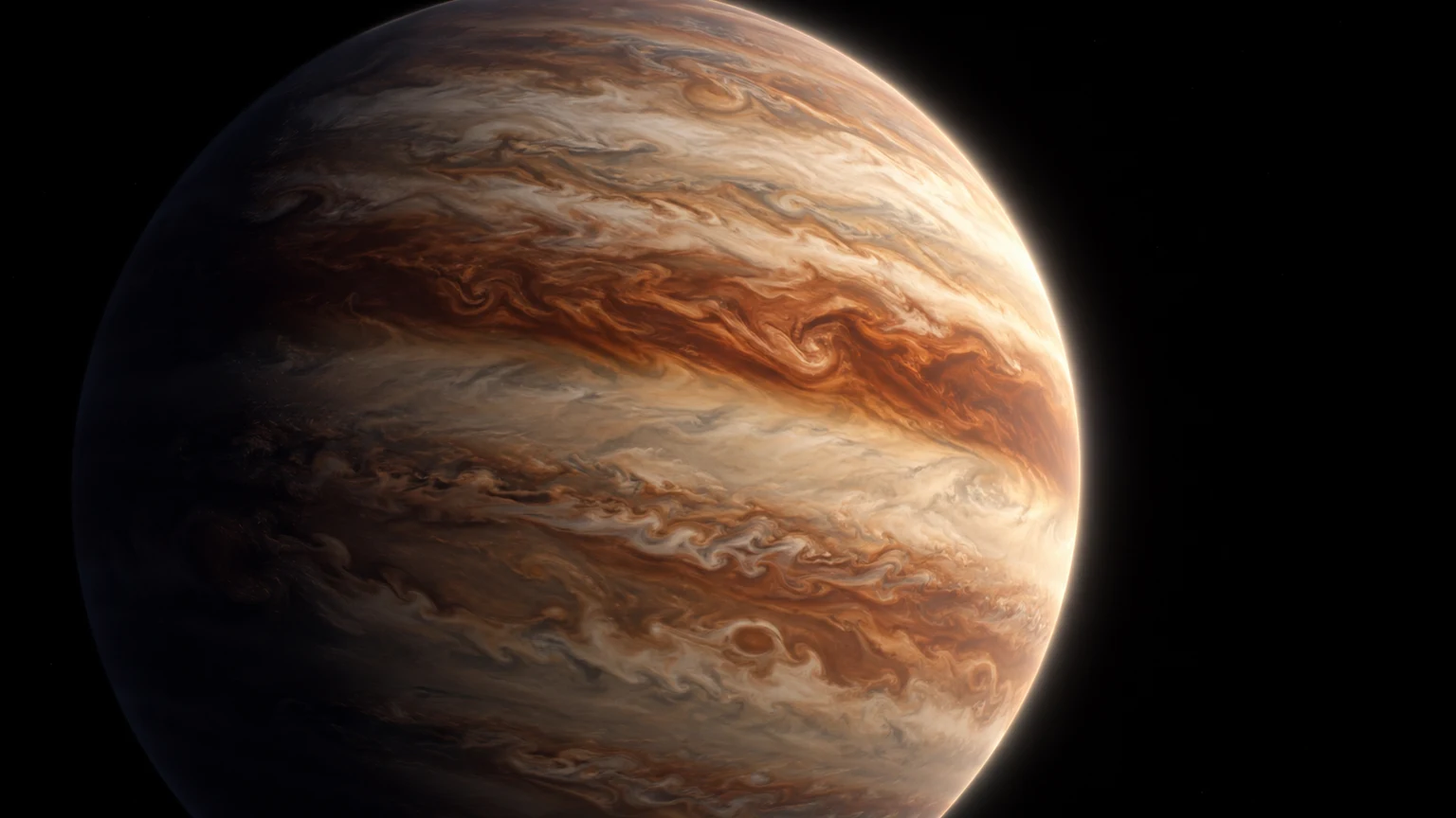 Artist’s impression of HR 8799 c. A whole-world view with compressed exposure and an illustrative glow. The cloud map, visible colors and viewpoint are hypothetical; no moons or rings are established by this scene.