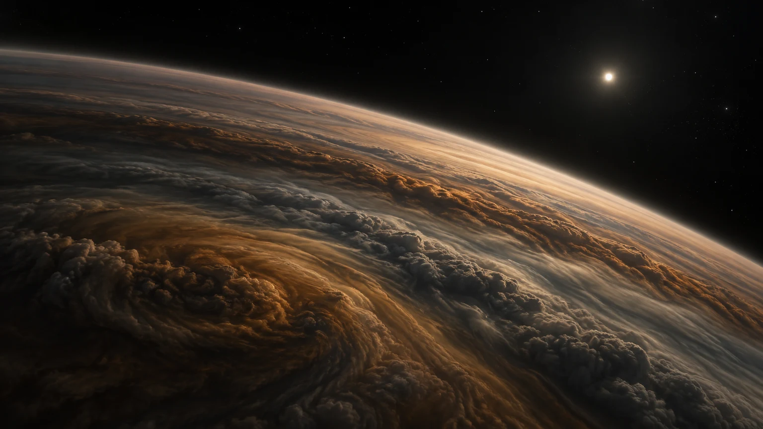 Artist’s impression of HR 8799 d. An imagined curved atmosphere under distant starlight. The cloud map, visible colors and viewpoint are hypothetical; no moons or rings are established by this scene.