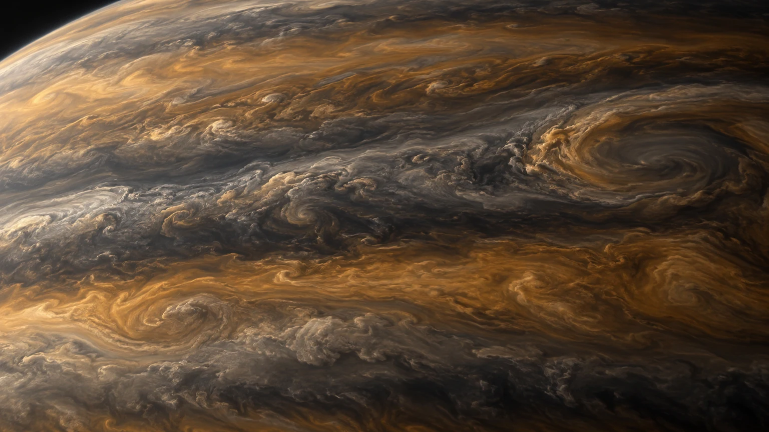 Artist’s impression of HR 8799 d. A fictional close study of bands and vortices. The cloud map, visible colors and viewpoint are hypothetical; no moons or rings are established by this scene.