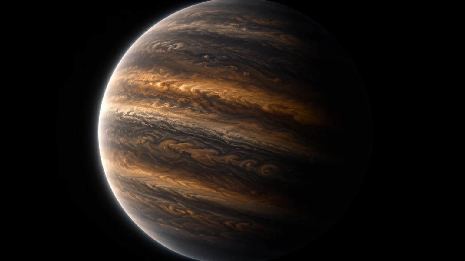 Artist’s impression of HR 8799 d. A whole-world view with compressed exposure and an illustrative glow. The cloud map, visible colors and viewpoint are hypothetical; no moons or rings are established by this scene.