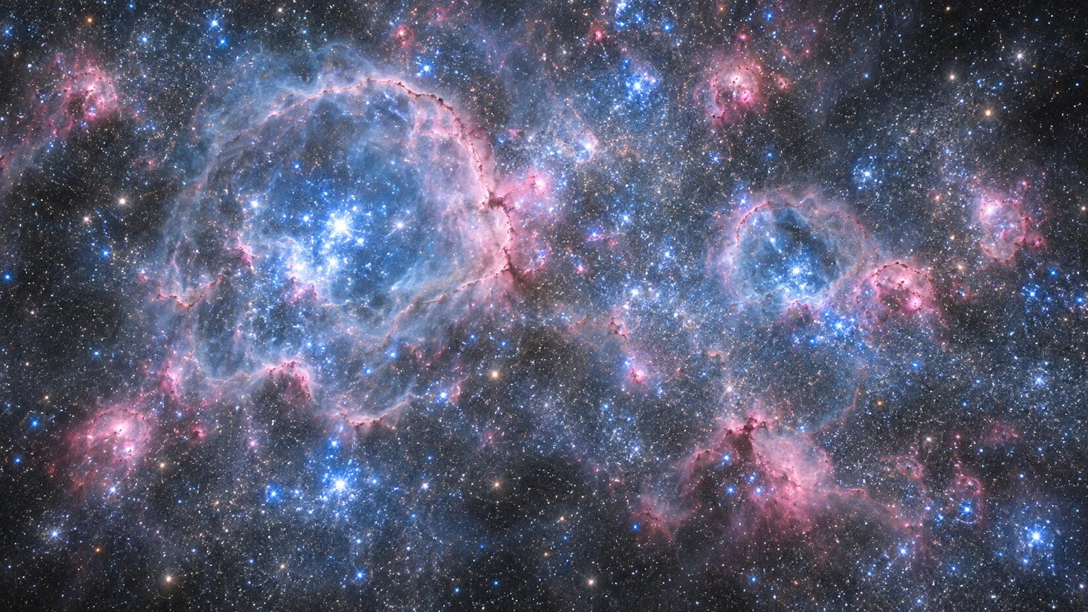 Hypothetical close study of gas shells around young stars in an IC 1613-like region. Features are illustrative.