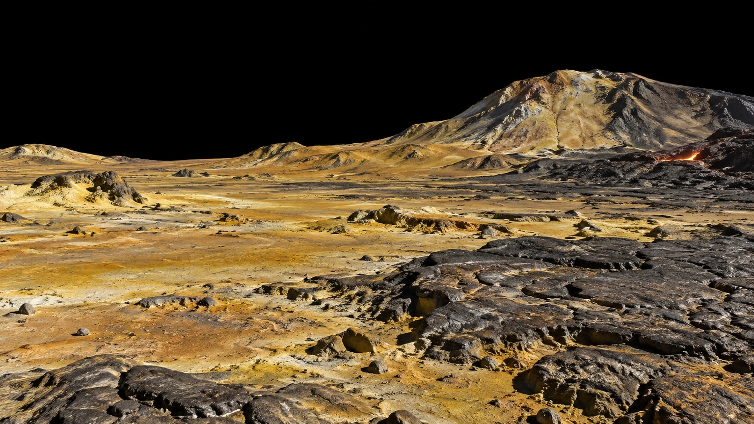 An imagined view across cooled basalt and sulfur-stained ground, with a small active fissure. No particular eruption or volcano is depicted.