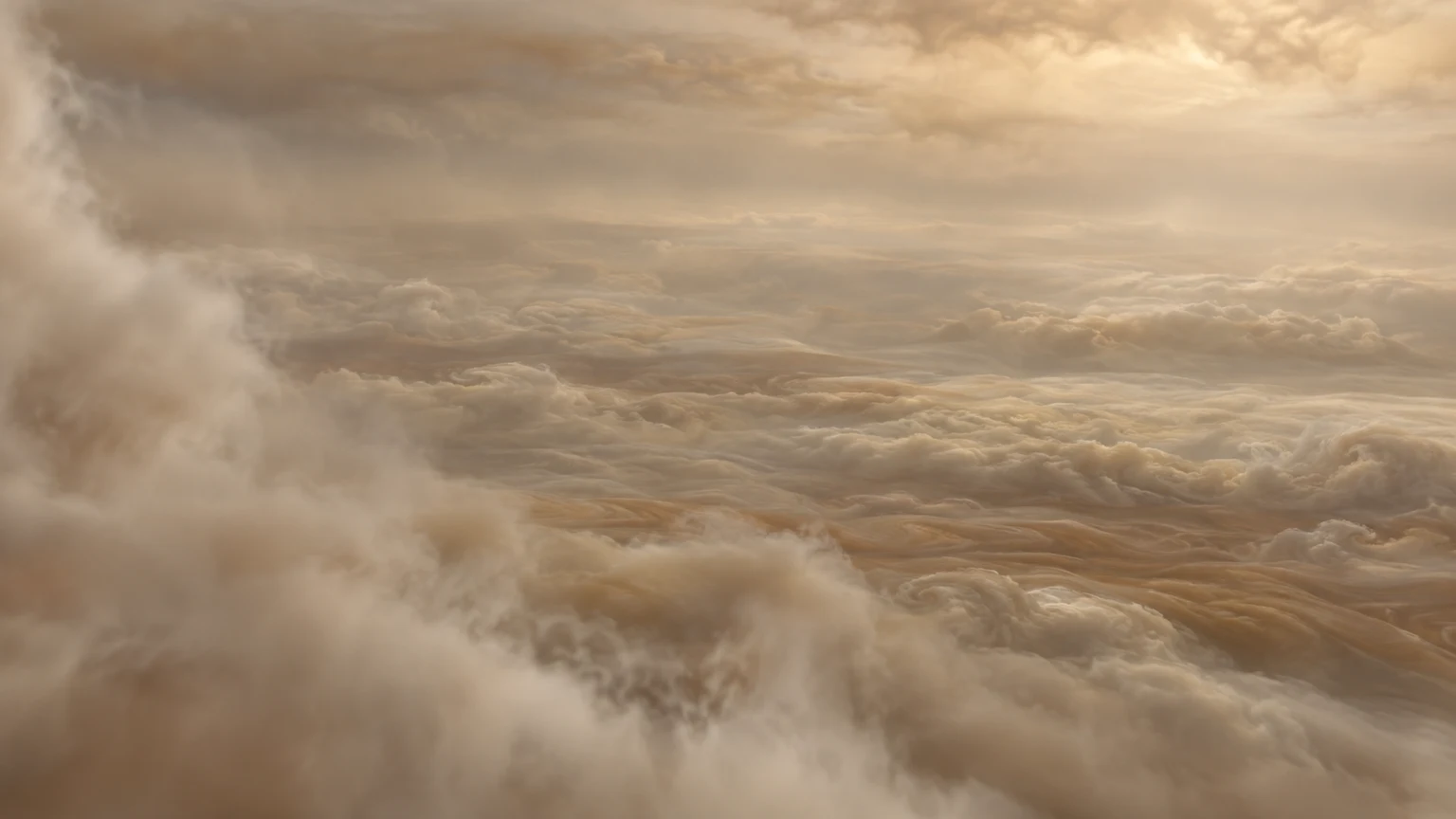 An imagined viewpoint among Jupiter’s upper cloud layers. Muted cream and tan clouds fade into haze; altitude, lighting and small-scale cloud forms are interpretive. There is no solid ground.
