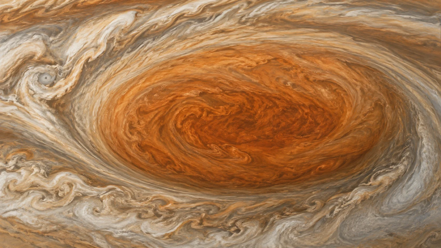 A large oval rust-colored atmospheric vortex with curved cream filaments wrapping around it. An artistic reconstruction of Jupiter; local detail, lighting and viewpoint are imagined.