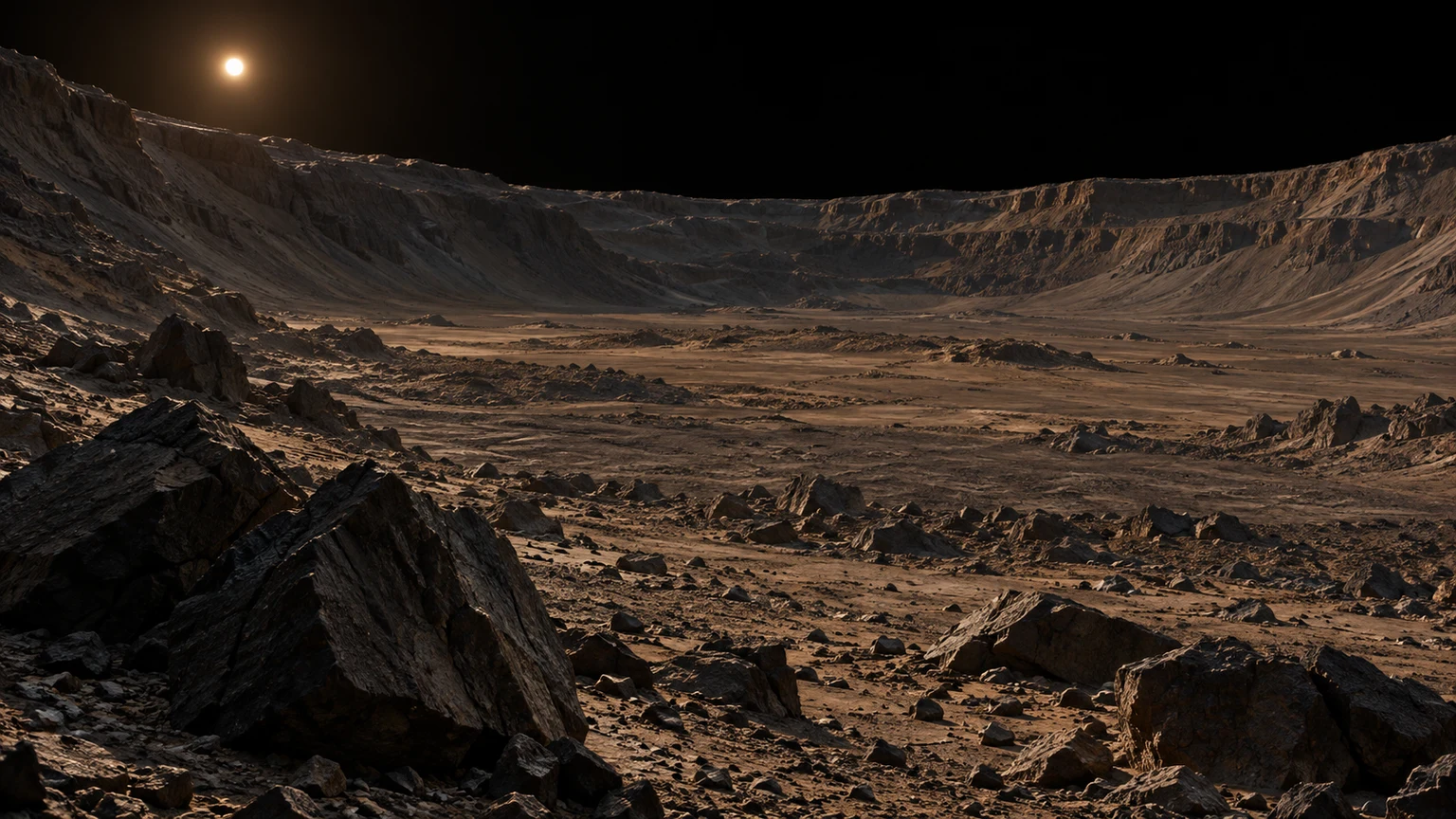A hypothetical impact basin with angular foreground rocks. No crater or landing site has been mapped on Kepler-186 f.