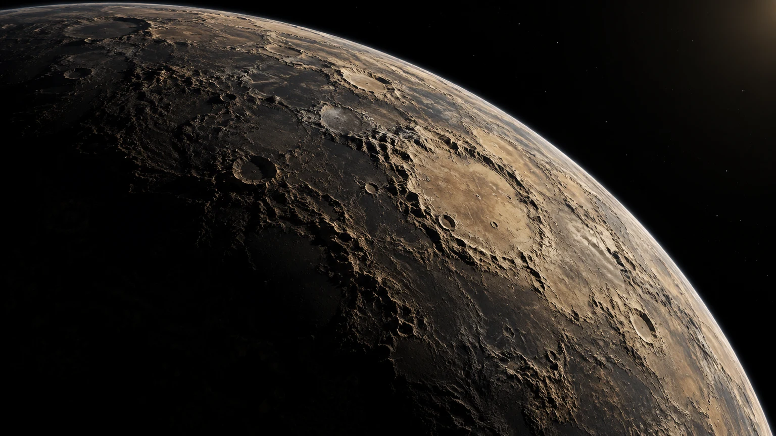 A speculative orbital view of dry rocky terrain. The terminator and surface features are invented; this does not rule out a different climate or composition.