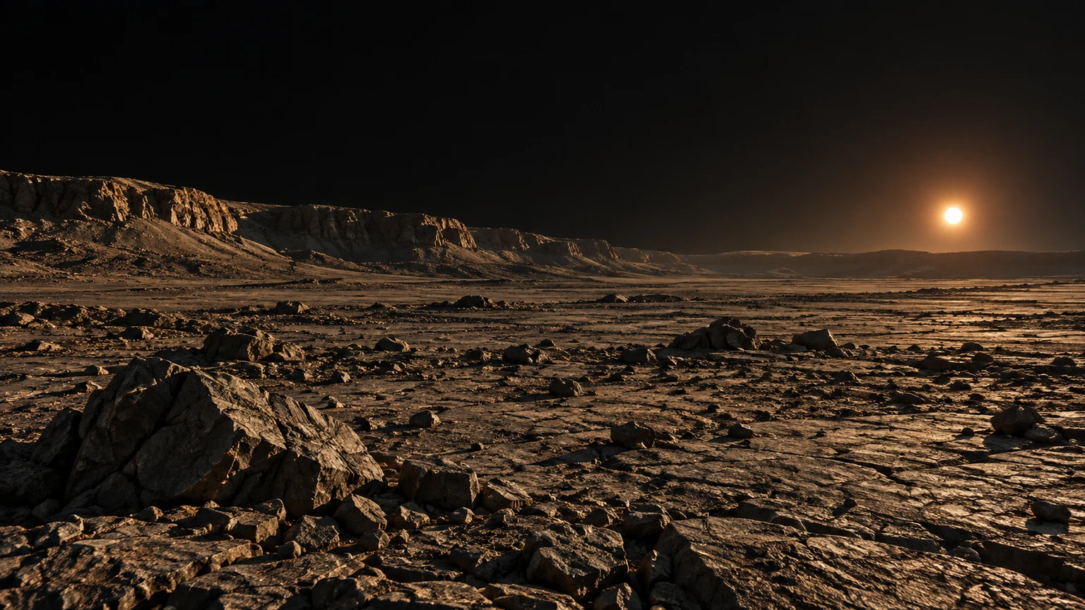 A hypothetical dry, airless rocky plain beneath Lalande 21185. The terrain, minerals and absence of air are artistic assumptions. Warm light and camera glare are illustrative; this is not a resolved view of the planet.