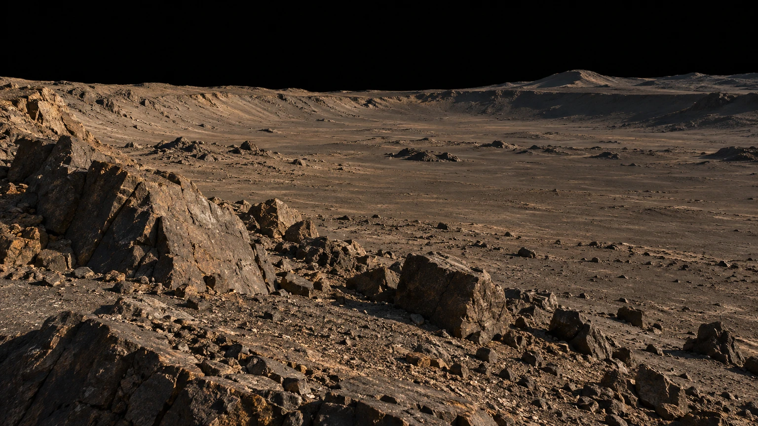 An imagined impact basin with broken rock and regolith. No basin or landing site has been mapped on this planet. The scene continues one possible rocky scenario rather than establishing its geology.